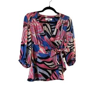 TIBI 100% Silk 3/4 Sleeve Wrap Top, Pink Blue Black & Gray, EUC, L